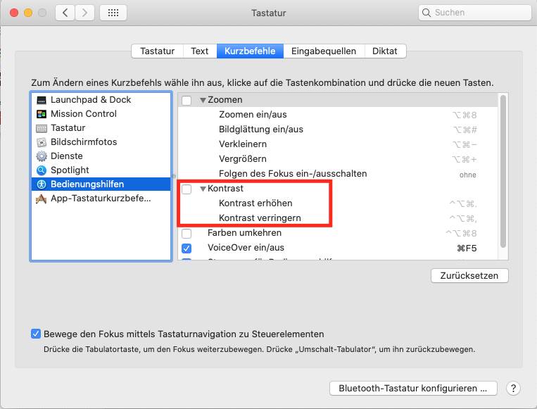 Screenshot der macOS-Systemsteuerung für Tastatur, Bereich Bedienungshilfen. Man sieht einige Kurzbefehle, hervorgehoben sind die Kurzbefehle für Kontrast erhöhen und Kontrast verringern.