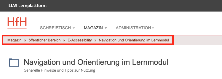 Der Screenshot zeigt das Brotkrumenmenü in ILIAS, das sich am oberen Ende jeder ILIAS-Seite befindet und einen Pfad zum aktuellen Ort darstellt. 
