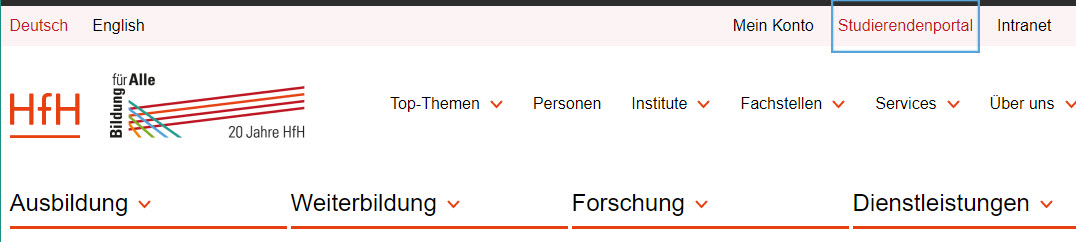 Screenshot des Headers der Webseite www.hfh.ch. Oben rechts ist der Menüpunkt Studierendenportal blau umrandet.