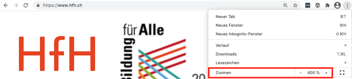 Screenshot eines Browserfensters in Chrome. Die drei Punkte oben rechts öffnen das Menü. Im Menü ist die Option "Zoomen" rot umrandet.
